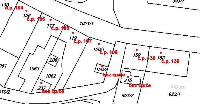 Měcholupy 108 na parcele st. 120/1 v KÚ Měcholupy u Žatce, Katastrální mapa