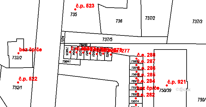 Podbořany 278 na parcele st. 750/21 v KÚ Podbořany, Katastrální mapa