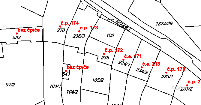 Střílky 172 na parcele st. 235 v KÚ Střílky, Katastrální mapa