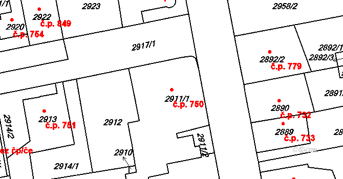 Holešov 750 na parcele st. 2911/1 v KÚ Holešov, Katastrální mapa