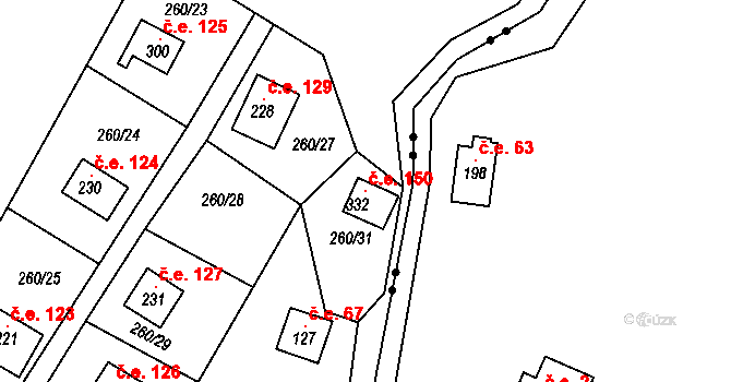 Hřebečníky 150 na parcele st. 332 v KÚ Hřebečníky, Katastrální mapa