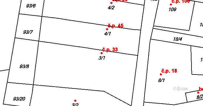 Kanín 33, Opolany na parcele st. 3/1 v KÚ Kanín, Katastrální mapa