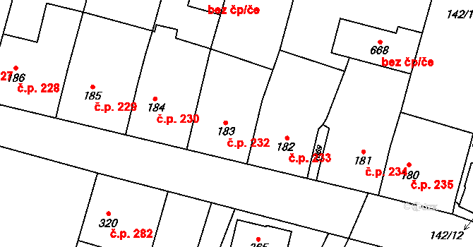 Rožďalovice 232 na parcele st. 183 v KÚ Rožďalovice, Katastrální mapa