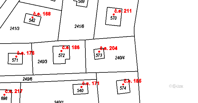 Javorník 204, Čtyřkoly na parcele st. 573 v KÚ Čtyřkoly, Katastrální mapa