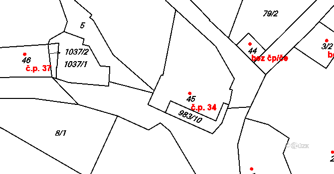 Lbosín 34, Divišov na parcele st. 45 v KÚ Lbosín, Katastrální mapa
