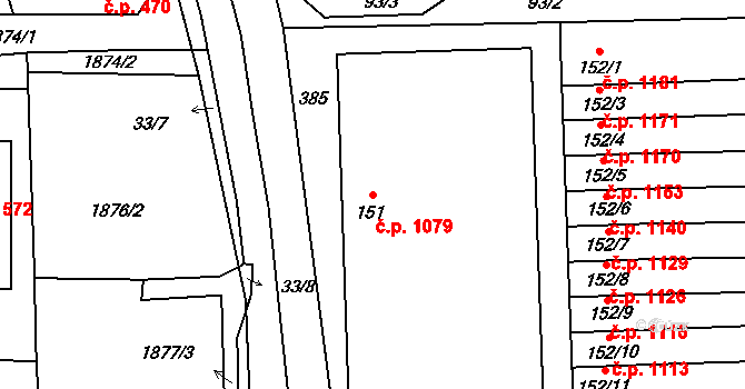 Švermov 1079, Kladno na parcele st. 151 v KÚ Hnidousy, Katastrální mapa