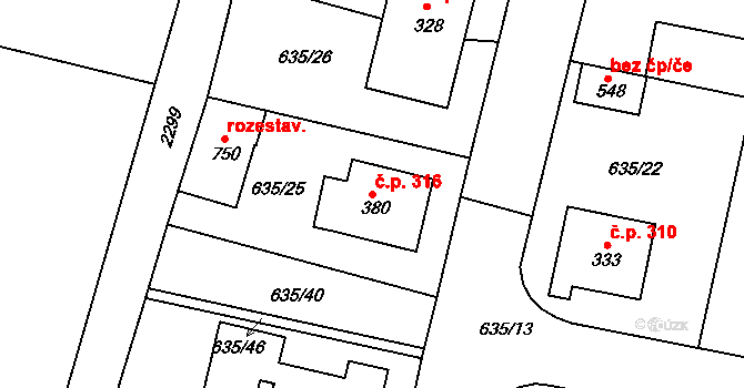 Předměřice nad Labem 316 na parcele st. 380 v KÚ Předměřice nad Labem, Katastrální mapa