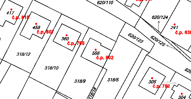 Chvalčov 802 na parcele st. 556 v KÚ Chvalčova Lhota, Katastrální mapa