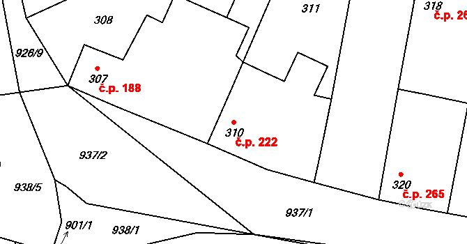 Milovice 222 na parcele st. 310 v KÚ Milovice nad Labem, Katastrální mapa