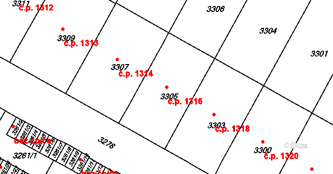 Černá Pole 1316, Brno na parcele st. 3305 v KÚ Černá Pole, Katastrální mapa