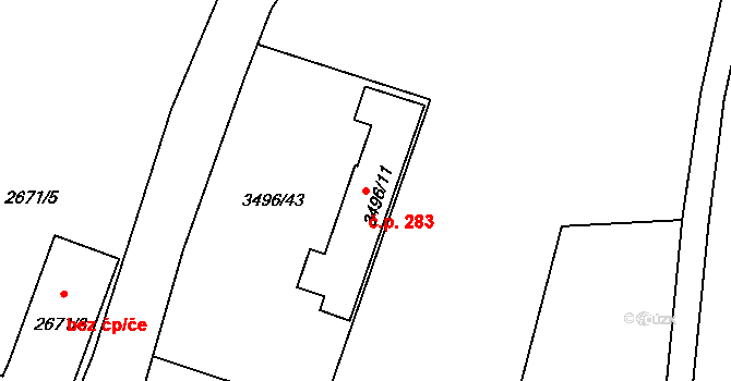 Pelhřimov 283 na parcele st. 3496/11 v KÚ Pelhřimov, Katastrální mapa