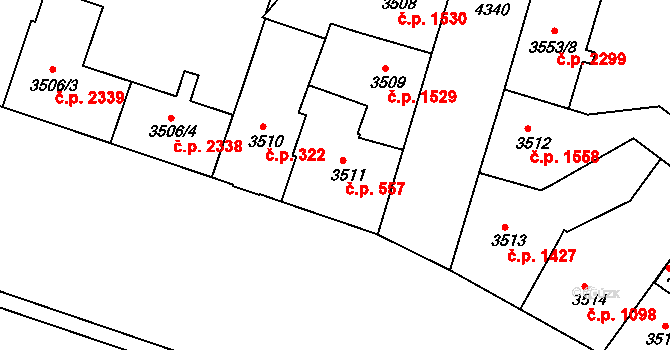 Teplice 557 na parcele st. 3511 v KÚ Teplice, Katastrální mapa
