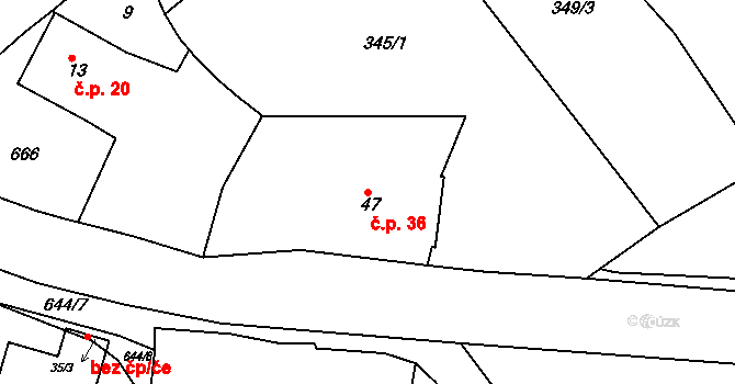 Třebýcinka 36, Švihov na parcele st. 47 v KÚ Třebýcinka, Katastrální mapa