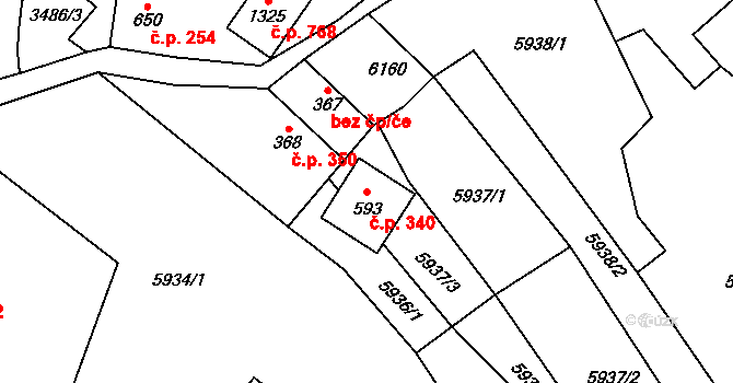 Halenkov 340 na parcele st. 593 v KÚ Halenkov, Katastrální mapa