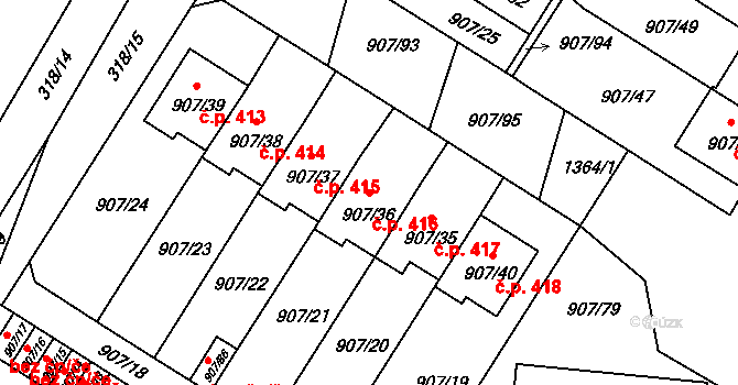 Křimice 416, Plzeň na parcele st. 907/36 v KÚ Křimice, Katastrální mapa