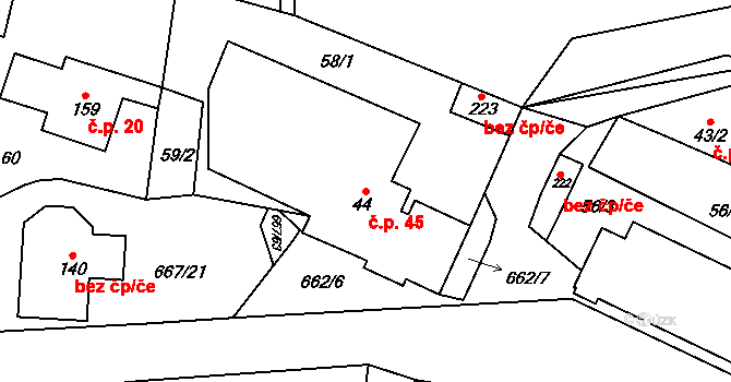 Černovír 45, Ústí nad Orlicí na parcele st. 44 v KÚ Černovír u Ústí nad Orlicí, Katastrální mapa