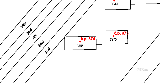 Šaratice 374 na parcele st. 3388 v KÚ Šaratice, Katastrální mapa