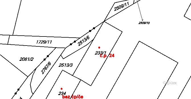 Valov 24, Podbořany na parcele st. 233/1 v KÚ Valov, Katastrální mapa