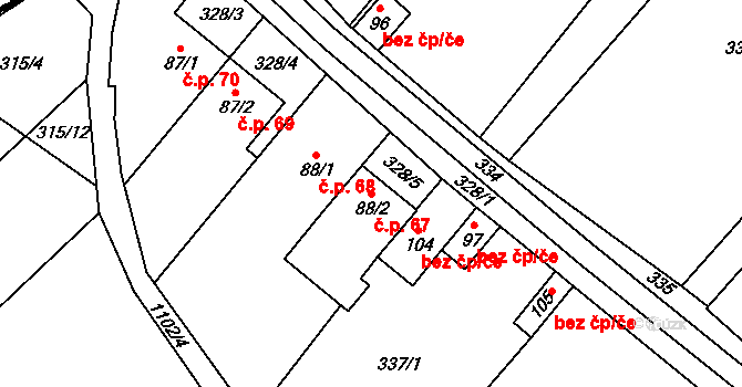 Šašovice 67, Želetava na parcele st. 88/2 v KÚ Šašovice, Katastrální mapa