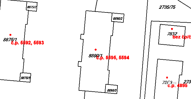 Zlín 5594,5595 na parcele st. 8890/1 v KÚ Zlín, Katastrální mapa
