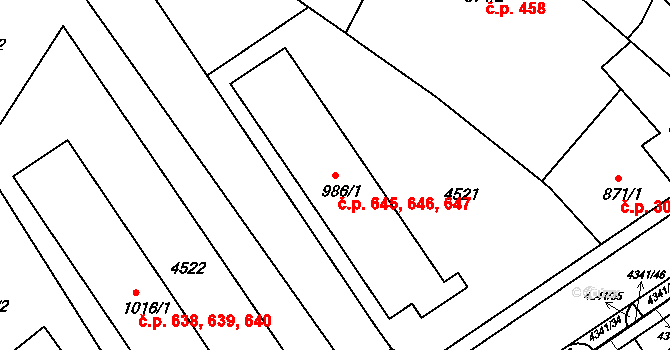 Valašské Klobouky 645,646,647 na parcele st. 986/1 v KÚ Valašské Klobouky, Katastrální mapa