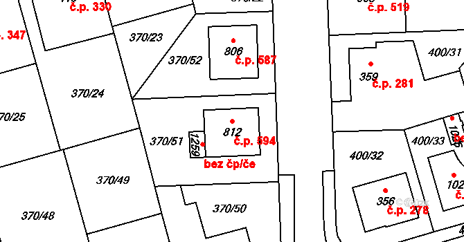 Prštné 594, Zlín na parcele st. 812 v KÚ Prštné, Katastrální mapa