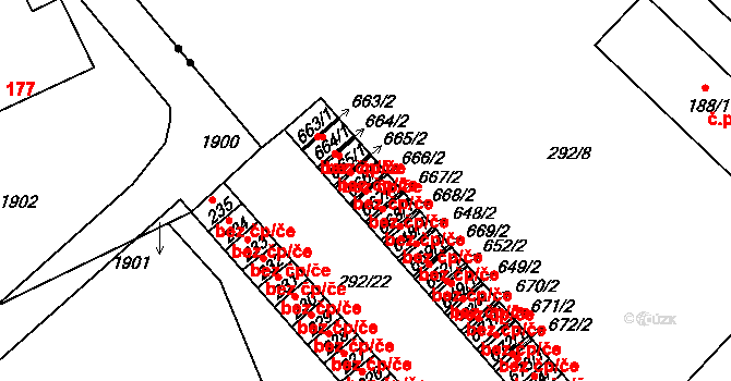 Hrádek 43337350 na parcele st. 666/1 v KÚ Nová Huť, Katastrální mapa