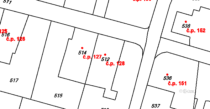 Suché Lazce 128, Opava na parcele st. 512/1 v KÚ Suché Lazce, Katastrální mapa