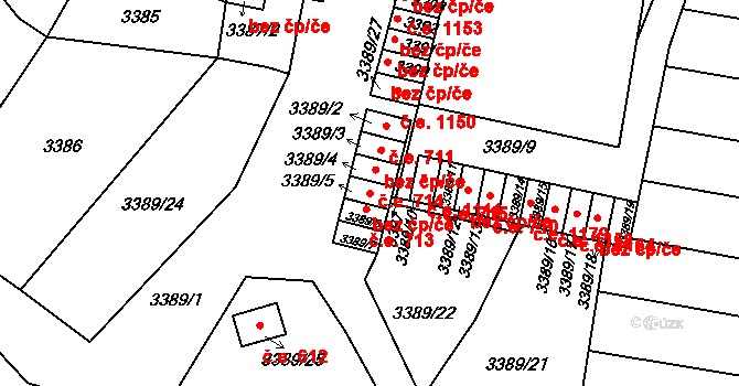 Brno 49957350 na parcele st. 3389/5 v KÚ Líšeň, Katastrální mapa