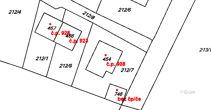 Rudná 908 na parcele st. 454 v KÚ Hořelice, Katastrální mapa