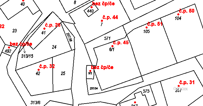 Černolice 45 na parcele st. 6/1 v KÚ Černolice, Katastrální mapa