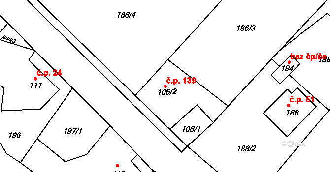 Bušín 139 na parcele st. 106/2 v KÚ Bušín, Katastrální mapa