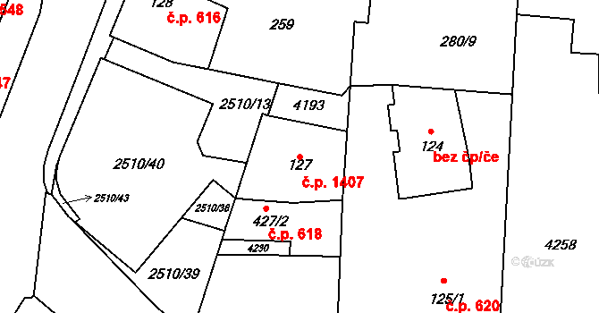 Kyjov 1407 na parcele st. 127 v KÚ Kyjov, Katastrální mapa