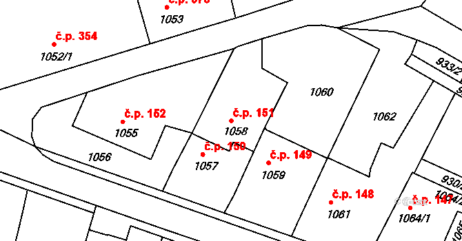 Kamenice nad Lipou 151 na parcele st. 1058 v KÚ Kamenice nad Lipou, Katastrální mapa