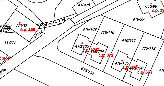 Rebešovice 371 na parcele st. 416/133 v KÚ Rebešovice, Katastrální mapa