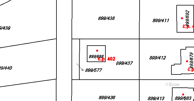 Skorotice 402, Ústí nad Labem na parcele st. 899/688 v KÚ Skorotice u Ústí nad Labem, Katastrální mapa
