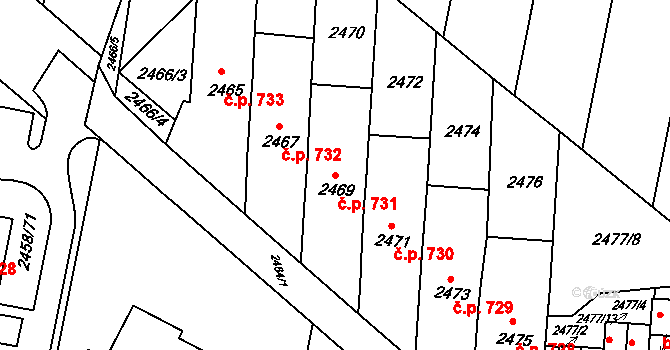 Klobouky u Brna 731 na parcele st. 2469 v KÚ Klobouky u Brna, Katastrální mapa