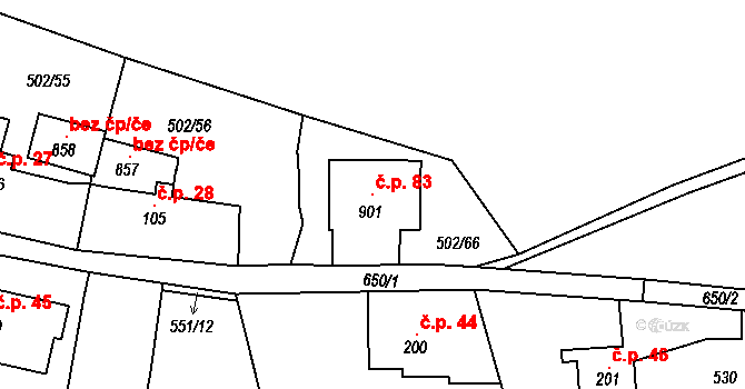 Solopisky 83, Třebotov na parcele st. 901 v KÚ Třebotov, Katastrální mapa
