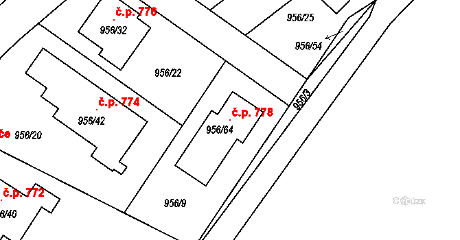 Srubec 778 na parcele st. 956/64 v KÚ Srubec, Katastrální mapa