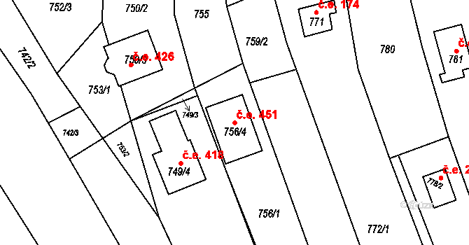 Popůvky 451 na parcele st. 756/4 v KÚ Popůvky u Brna, Katastrální mapa