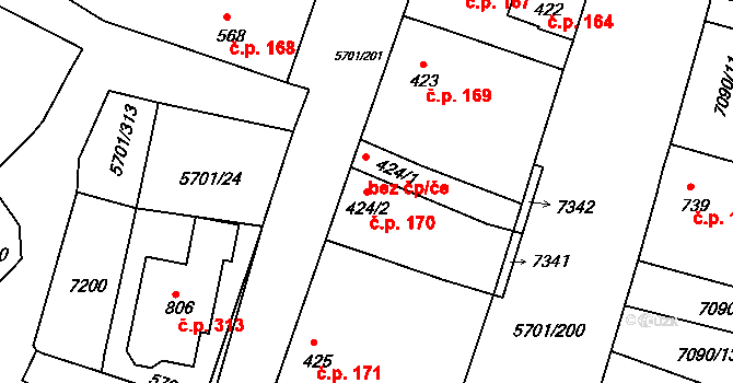 Hrádek 170 na parcele st. 424/2 v KÚ Hrádek u Znojma, Katastrální mapa