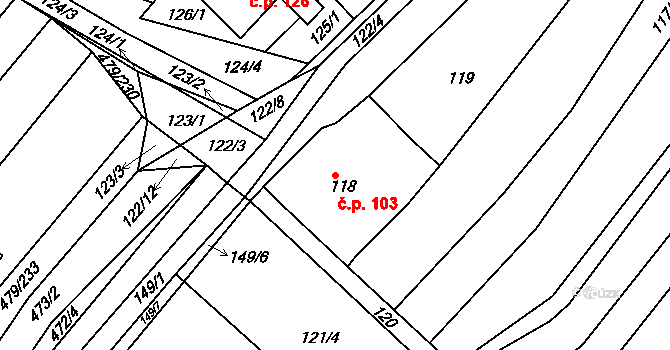 Lipová 103 na parcele st. 118 v KÚ Lipová u Přerova, Katastrální mapa