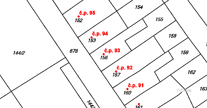 Tučín 93 na parcele st. 156 v KÚ Tučín, Katastrální mapa