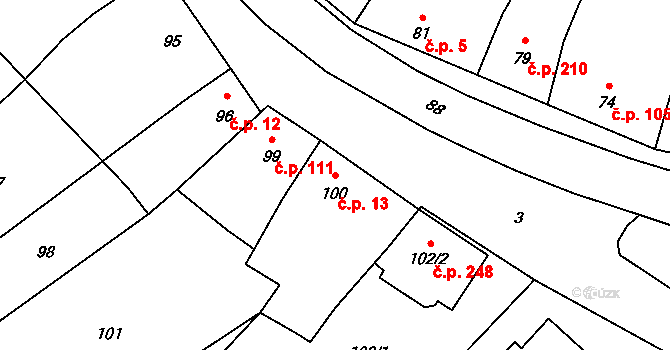 Přerov XII-Žeravice 13, Přerov na parcele st. 100 v KÚ Žeravice, Katastrální mapa
