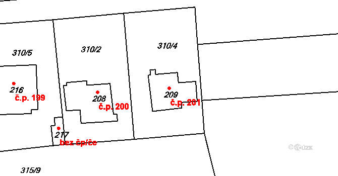Kamenné Zboží 201 na parcele st. 209 v KÚ Kamenné Zboží, Katastrální mapa