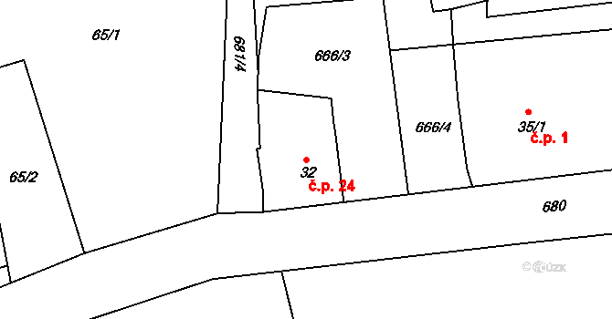 Odeř 24, Hroznětín na parcele st. 32 v KÚ Odeř, Katastrální mapa