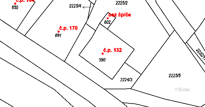 Antonínov 132, Josefův Důl na parcele st. 590 v KÚ Antonínov, Katastrální mapa