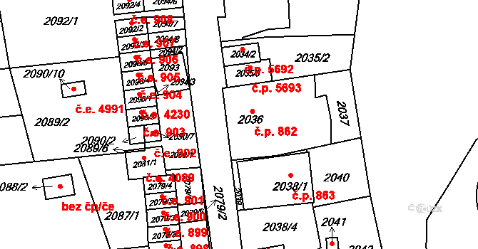 Jihlava 862 na parcele st. 2036/1 v KÚ Jihlava, Katastrální mapa