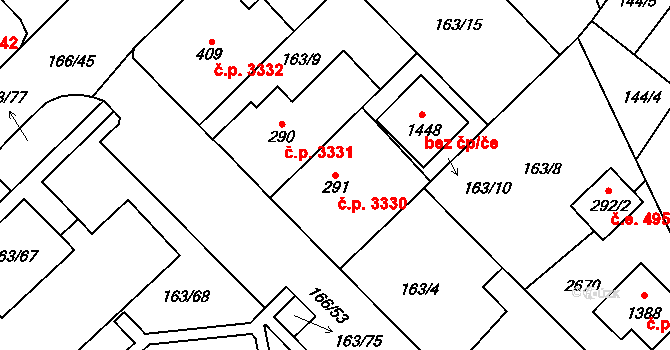 Jihlava 3330 na parcele st. 291 v KÚ Bedřichov u Jihlavy, Katastrální mapa