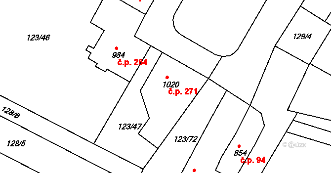 Telč-Štěpnice 271, Telč na parcele st. 1020 v KÚ Telč, Katastrální mapa